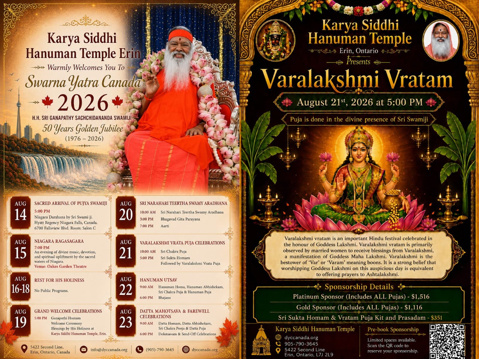 Karya Siddhi Hanuman Temple Erin Swarna Yatra Canada 2026 and Varalakshmi Vratam flyer